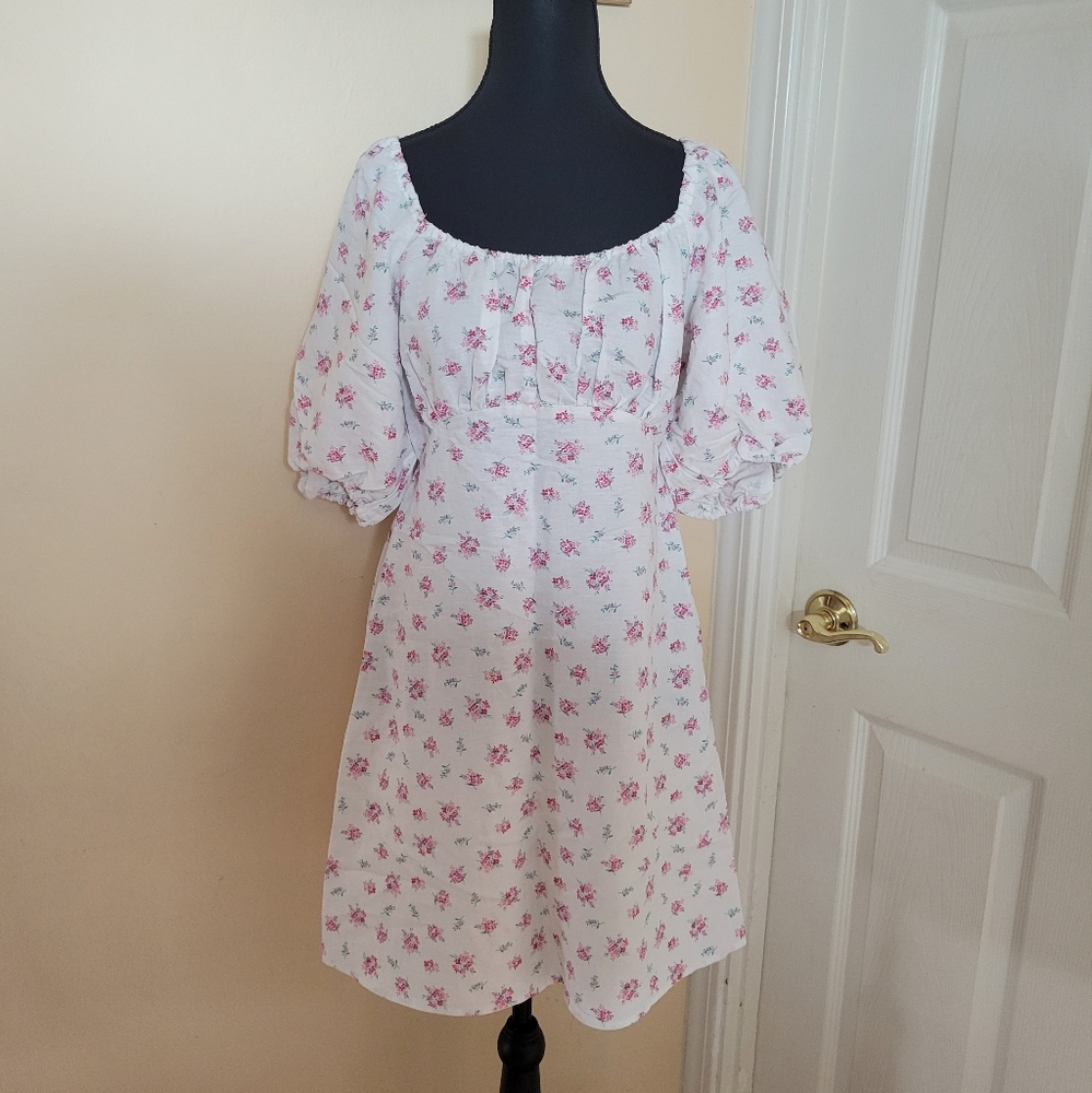 H&M Floral Linen Blend Dress Cottagecore Puff Sleeve Milkmaid Western Size Small